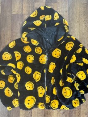 Free Haven Smiley Face Hoodie Jacket Full Zip Pockets Cinch Waist Size XL